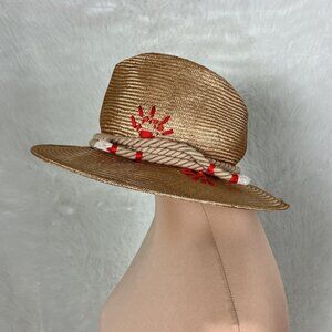 Alessandra Rivera Beige Straw Rope Trim Red Floral or Sun Embroidery Hat M
